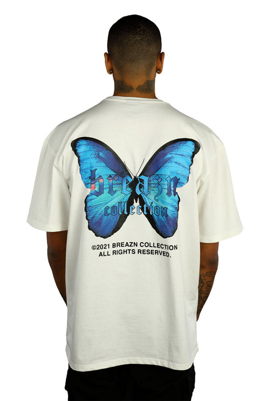 weißes T-Shirt mit blauem Schmetterling